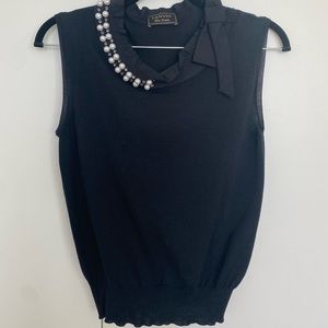 Lanvin black sleeveless knot top with pearl and bow details